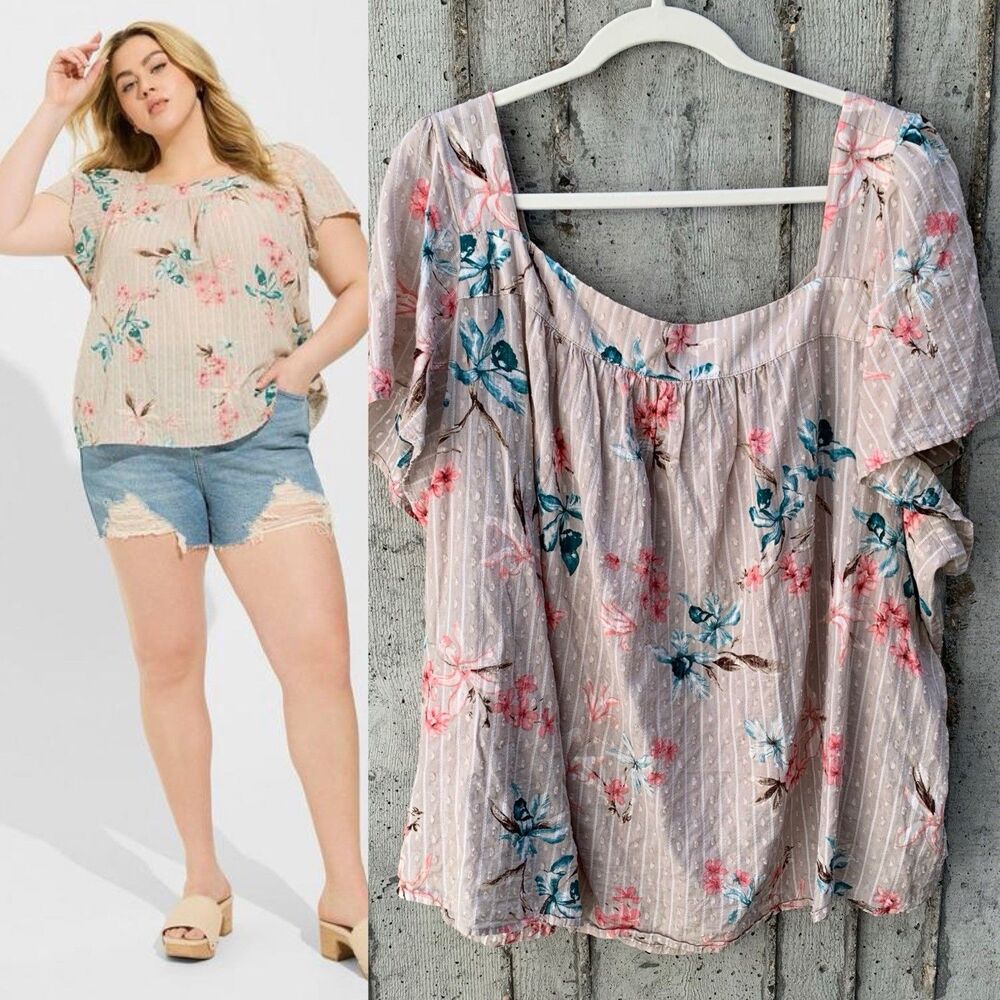 Torrid Square Neck Flutter Sleeve Top Women's Sz 4X Hawaiian Floral Romantic